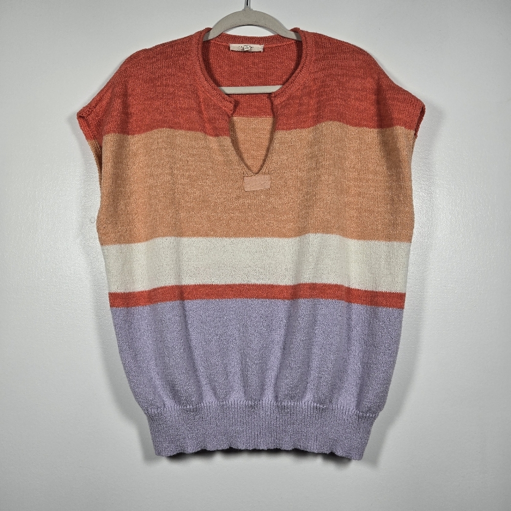 Haptics Drop Shoulder Dolman Short Sleeve Multi Colorblock Striped Top Medium